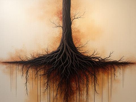 Cuadro abstracto con tonos terrosos y figuras que representan raíces entrelazadas y ascendiendo.