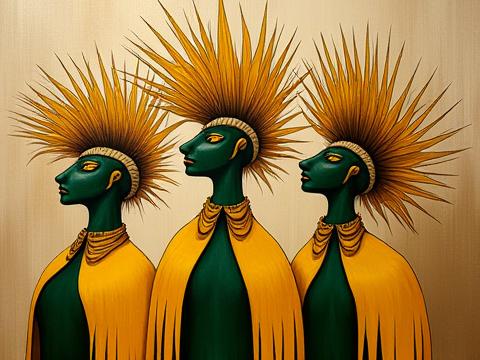 Obra que muestra guardianes estilizados con tocados de hojas de maíz, en colores vibrantes.