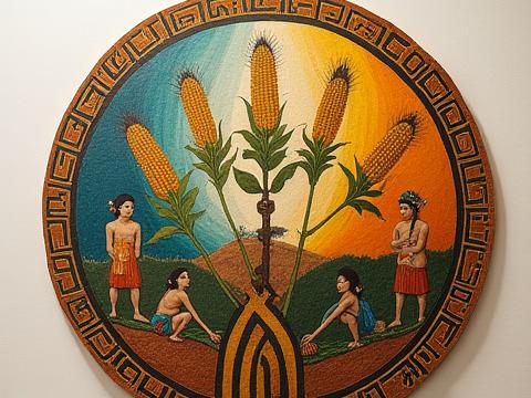 Mural que representa el ciclo de vida del maíz desde la siembra hasta la cosecha, con influencias míticas.