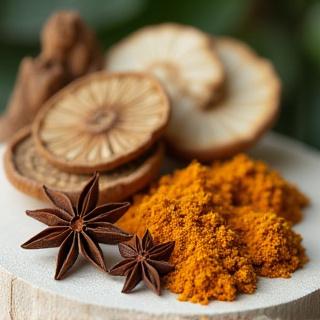 Variedad de adaptógenos y superalimentos como cúrcuma y reishi