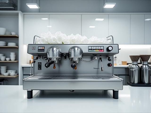 Estación de espresso reluciente con una máquina La Marzocco Linea PB y molinos Mahlkönig EK43, en un laboratorio de barismo.