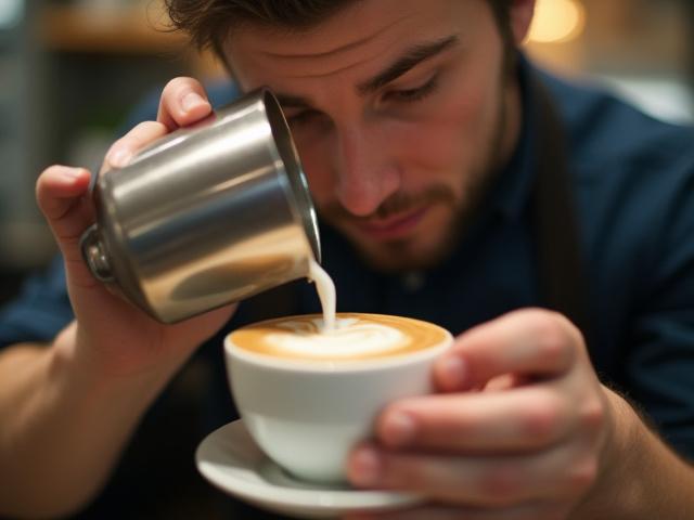 Un barista concentrado vierte leche en una taza de café, creando arte latte en un entorno de capacitación.