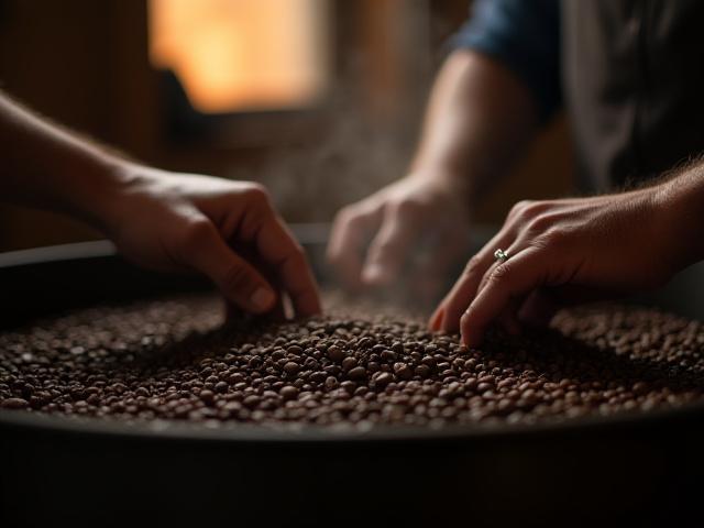 Grano de café siendo tostado artesanalmente, con humo aromático y colores terrosos.