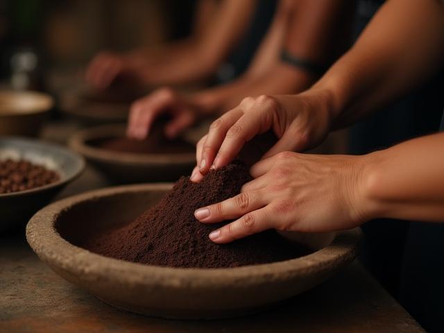 Participantes moliendo cacao en un taller ritual