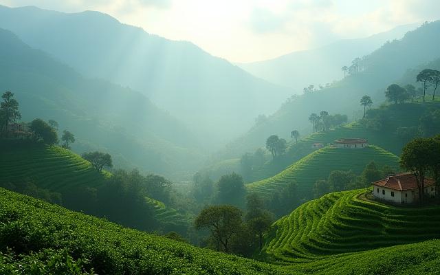 Paisaje montañoso de Pluma Hidalgo, Oaxaca, cafetales adornando las laderas.